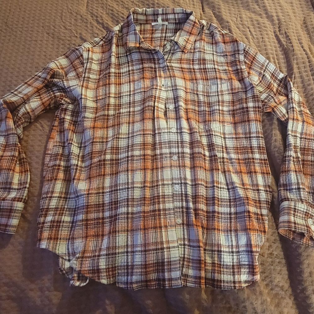 Maurices Women's Casual Plaid Shirt - Brown, White, and Orange